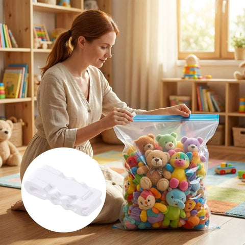 Woman sealing toy-filled bag with 10 Pack Vacuum Storage Bags Sealing Clips Set Reusable Zipper Sealing Clips for Bag Space Saving