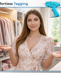 Woman in floral dress with Stitch Gun For Clothes Quick Fix Tool Not A Sewing Machine Handheld Tag Gun For Easy Clothing Repairs