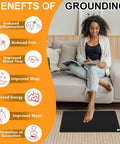 Woman using earthing mat with list of grounding benefits like reduced pain and improved mood