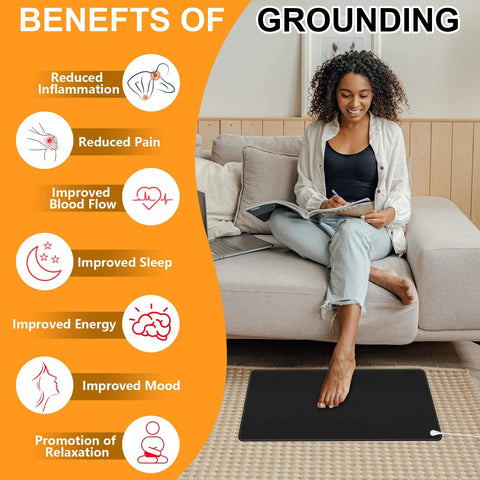Woman using earthing mat with list of grounding benefits like reduced pain and improved mood
