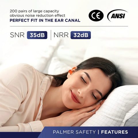 Woman sleeping with Soft Disposable Corded Ear Plugs Pack Of 100 Pairs With 32 dB Noise Reduction For Travel Concert Hunting
