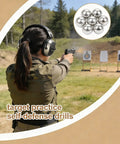 Woman practicing target shooting with .68 Caliber Aluminum Solid Paintballs 50 x .68 Caliber Self-Defense Balls; inset of metal balls