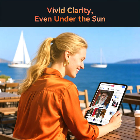 Woman using 13.4 Inch Android 15 Tablet PC With Keyboard Pen Case And Mouse Gemini AI Gaming Tablet by the sea