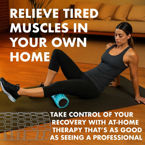 Woman using Medium Density Foam Roller For Deep Tissue Massage And Myofascial Trigger Point Release that eases back pain on mat