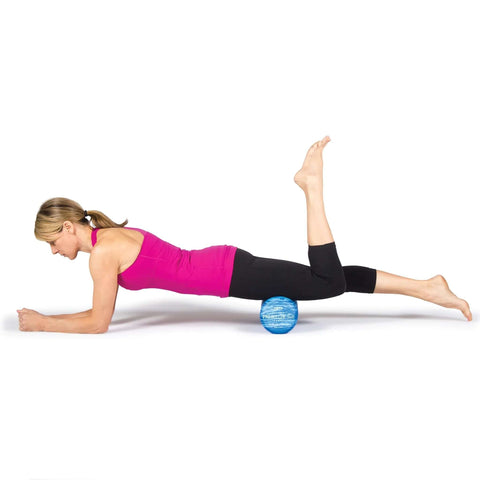 Woman using Pro Roller Soft Density EVA Foam Roller For Physical Therapy Pilates Yoga And Muscle Recovery 36 Inch Blue
