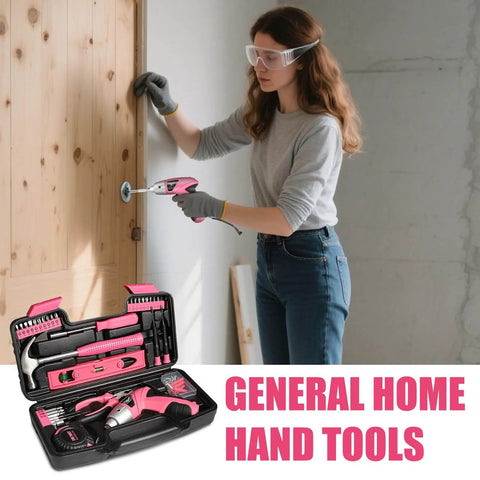 Woman using Pink Cordless Screwdriver Kit 3 6V Rechargeable with 112 Piece Home Tools Set for Women on wooden door