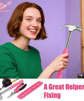 Woman using a pink hammer from Pink Cordless Screwdriver Kit 3 6V Rechargeable With 112 Piece Home Tools Set For Women.