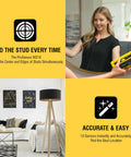 ProSensor M210 13-Sensor Stud Finder used by a woman to locate wall studs, featuring live wire detection for safe drilling.
