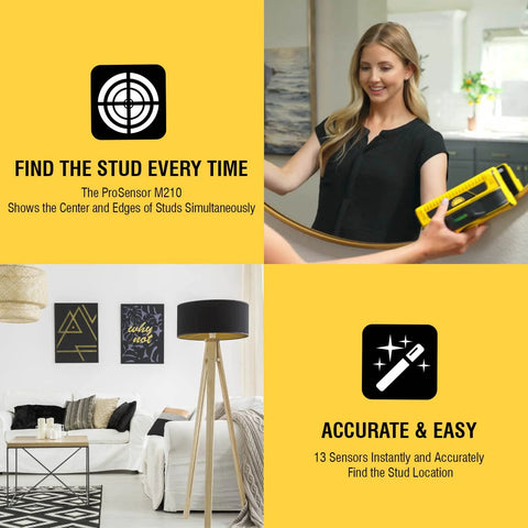 ProSensor M210 13-Sensor Stud Finder used by a woman to locate wall studs, featuring live wire detection for safe drilling.