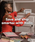 Woman holding label near printer with text 'Save and ship smarter with Rollo' in an office setting.