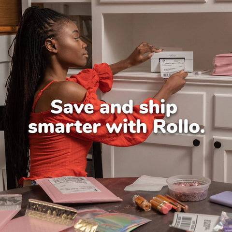 Woman holding label near printer with text 'Save and ship smarter with Rollo' in an office setting.