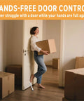 One Touch Semi Automatic Kickdown Door Stop White 4 Inch Adjustable Height Rubber Tip Heavy Duty Door Holder 1 Pack installed, woman holding boxes.