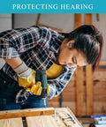 Woman wearing reusable soft foam ear plugs with up to 35 DB SNR noise reduction for construction work and safe hearing protection