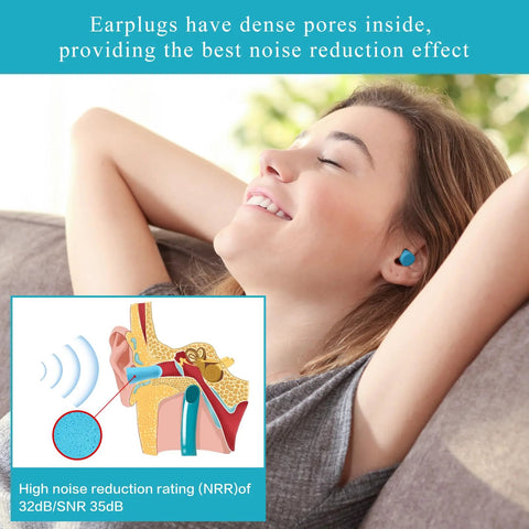 Woman relaxing with Reusable Soft Foam Ear Plugs With Up To 35 DB SNR Noise Reduction, blue earplugs insert close-up shown