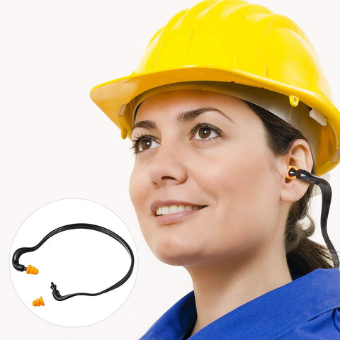 Woman wearing Orange Banded Silicone Ear Plugs for Shooting Range and Noise Reduction with Lightweight Plastic Banding