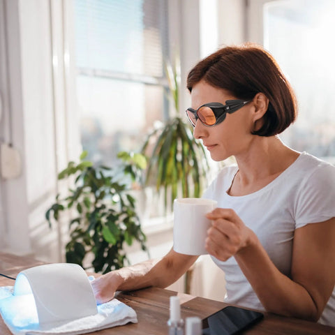 Woman wearing UV Safety Glasses for 90nm-490nm UV Lamps Orange Lenses Anti-Glare Anti-Fog while using a UV lamp indoors