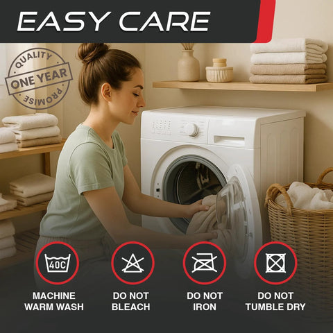 Woman using washing machine with easy care instructions; machine warm wash, do not bleach, iron, or tumble dry.