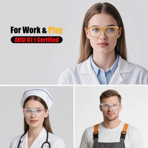 Women wearing ANSI Z87.1 certified Women Safety Glasses Anti Fog UV Blue Light Blocking Eye Protection Goggles in professional settings.