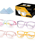 4-pack of women's safety glasses, anti-fog UV blue light blocking goggles in various colors, with cleaning cloth and box packaging.