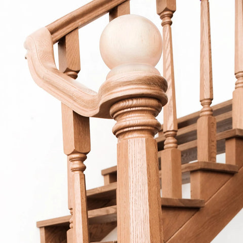 Two Pack Two And A Half Inch Round Wood Ball Curtain Rod Finials With Pre Installed Screws Wood Newel Post Caps Decorative Bed Post Finials For Curtains DIY Projects And Home Decor installed on a wooden staircase post