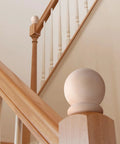 Installed Two Pack Two And A Half Inch Round Wood Ball Curtain Rod Finials With Pre Installed Screws on stair railing, wooden newel post cap.