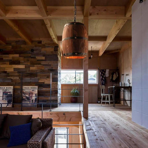 Antique Wood Wine Barrel Pendant Lamp For Bar And Kitchen Rustic Dope Vibe Hanging Ceiling Light Fixture with adjustable chain visible.