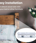 Wood Bed Rail Brackets and Connecting Fittings 5.1 inch zinc round bed hooks set with easy installation guide near bed frame.