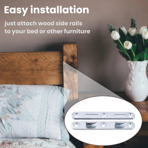 Wood Bed Rail Brackets and Connecting Fittings 5.1 inch zinc round bed hooks set with easy installation guide near bed frame.
