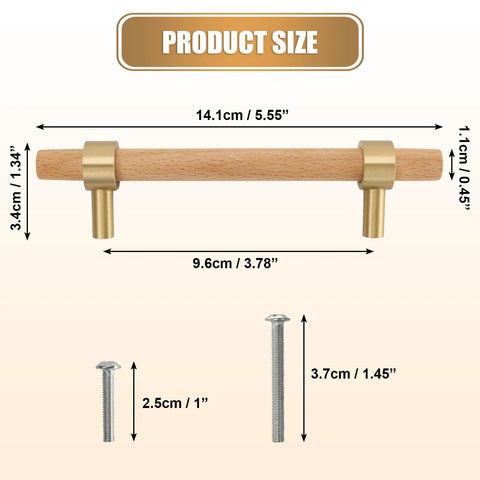 Set Of Six 3.75 Inch Wooden Cabinet Pulls With Screws For Dresser Kitchen And Wardrobe Cabinets, size diagram displayed