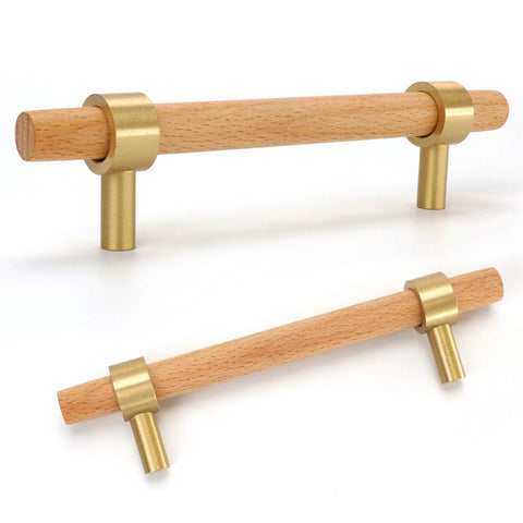 Set Of Six 3.75 Inch Wooden Cabinet Pulls With Screws For Dresser Kitchen And Wardrobe Cabinets 5.55 Inch Total Length 3.75 Inch Center To Center Hole Spacing Modern Mid Century Brass And Beach Wood Handles In Rose Gold.