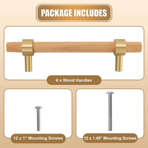 Set Of Six 3.75 Inch Wooden Cabinet Pulls With Screws For Dresser Kitchen And Wardrobe Cabinets with mounting screws included