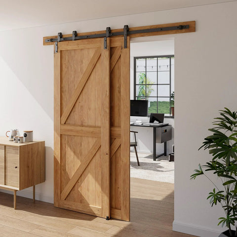 Front view of Six Feet Bypass Sliding Barn Door Hardware Kit For Double Doors Single Track With Bypass Floor Guide installed