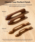 4 cabinet pulls in beech and walnut; front view showing natural and dark wood finishes of 2 Pack Solid Beech Wood Cabinet Pulls With 5 Inch Hole Centers 128mm And 6.29 Inch Overall Length 160mm Bridge Style Natural Wood Handles For Kitchen Cabinets Dresser Wardrobe Furniture Hardware.
