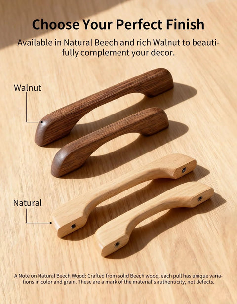 4 cabinet pulls in beech and walnut; front view showing natural and dark wood finishes of 2 Pack Solid Beech Wood Cabinet Pulls With 5 Inch Hole Centers 128mm And 6.29 Inch Overall Length 160mm Bridge Style Natural Wood Handles For Kitchen Cabinets Dresser Wardrobe Furniture Hardware.
