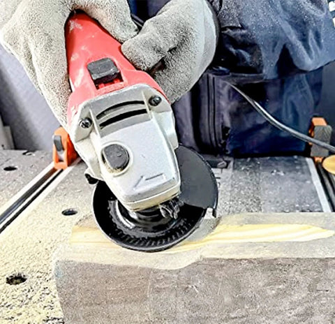 Person using angle grinder with 4 Inch Wood Carving Disc for Angle Grinders With Five Eighths Inch Arbor Curved Wood Shaping Wheel