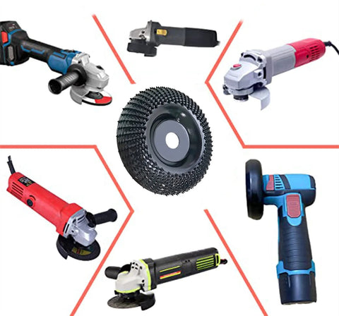 4 Inch Wood Carving Disc For Angle Grinders With Five Eighths Inch Arbor surrounded by various angle grinders