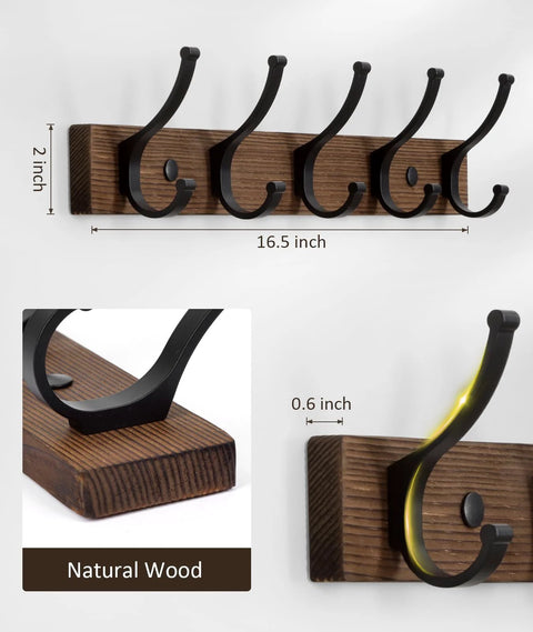 Wall mounted coat rack with five hooks, 16.5 inch wood base, narrow space wall hanger for coats hats bags keys, durable aluminum hooks.