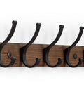 Front view of wall mounted coat rack with two hooks, 16.5 inch wood base, narrow space wall hanger for coats hats bags keys towels purses and more