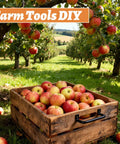 Wooden crate filled with apples under orchard trees with 'Farm Tools DIY' text on image