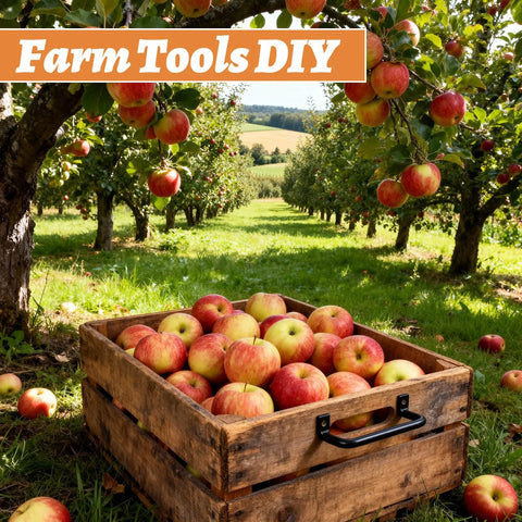Wooden crate filled with apples under orchard trees with 'Farm Tools DIY' text on image