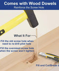 Hammer and wood dowel filling screw hole with utility knife, part of Extended Lip Strike Plate Two And A Half By Two And A Quarter Inch Kit