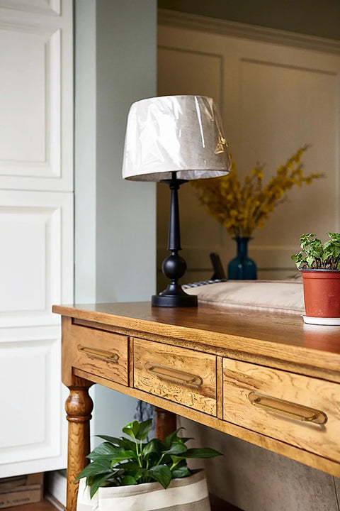 Wooden desk with two pack antique brass cabinet pulls, lamp, and plant