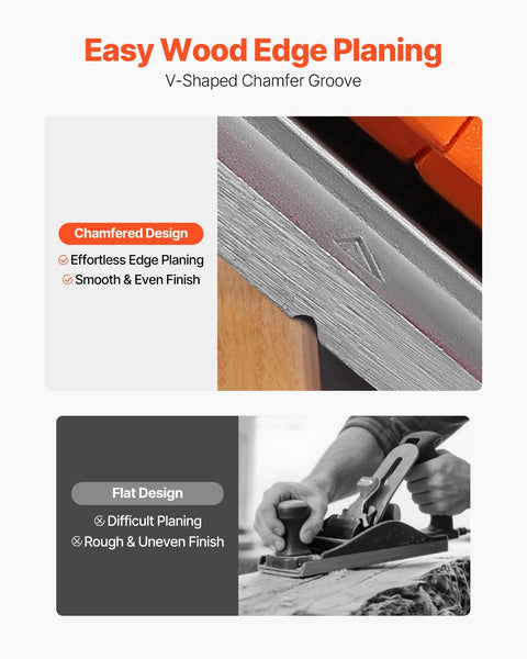 Effortlessly smooths stock, edges, and chamfers with a 7 Amp corded electric hand planer, close-up of chamfered wood edge.