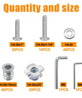 Components of All-In-One 140-Piece 1/4-20 T-Nuts And Threaded Inserts Kit for wood with dimensions and quantities shown