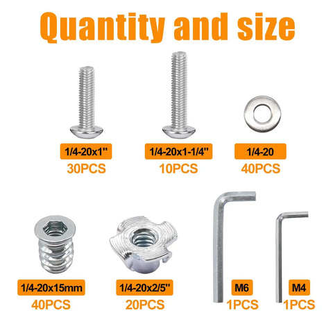 Components of All-In-One 140-Piece 1/4-20 T-Nuts And Threaded Inserts Kit for wood with dimensions and quantities shown