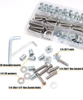 All-In-One 140-Piece 1/4-20 T-Nuts And Threaded Inserts Kit For Wood with stainless bolts and hex wrenches displayed