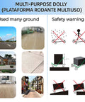 Multi-purpose dolly usage and safety warnings with various ground types and illustrations showing correct and incorrect use
