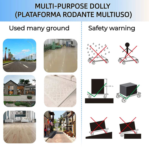 Multi-purpose dolly usage and safety warnings with various ground types and illustrations showing correct and incorrect use