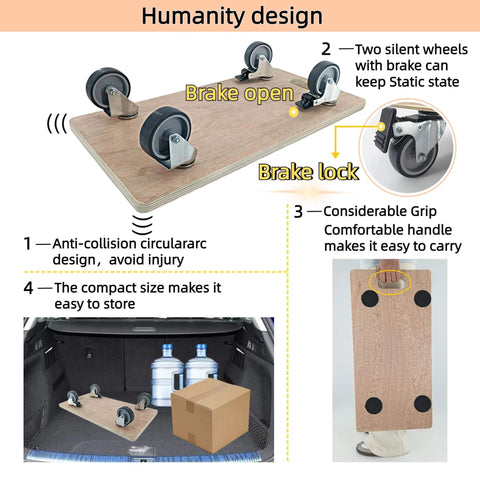 Heavy duty real wood furniture dolly set of 2 with 4 wheels, 2200 lb static load capacity per pair, plywood platform and handle