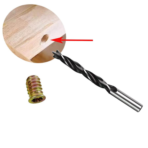 Close-up of a drill bit and wood insert from Furniture Fastener Set With Wood Inserts And Quarter Inch 20 Bolts Includes Drill Bit And Wrenches